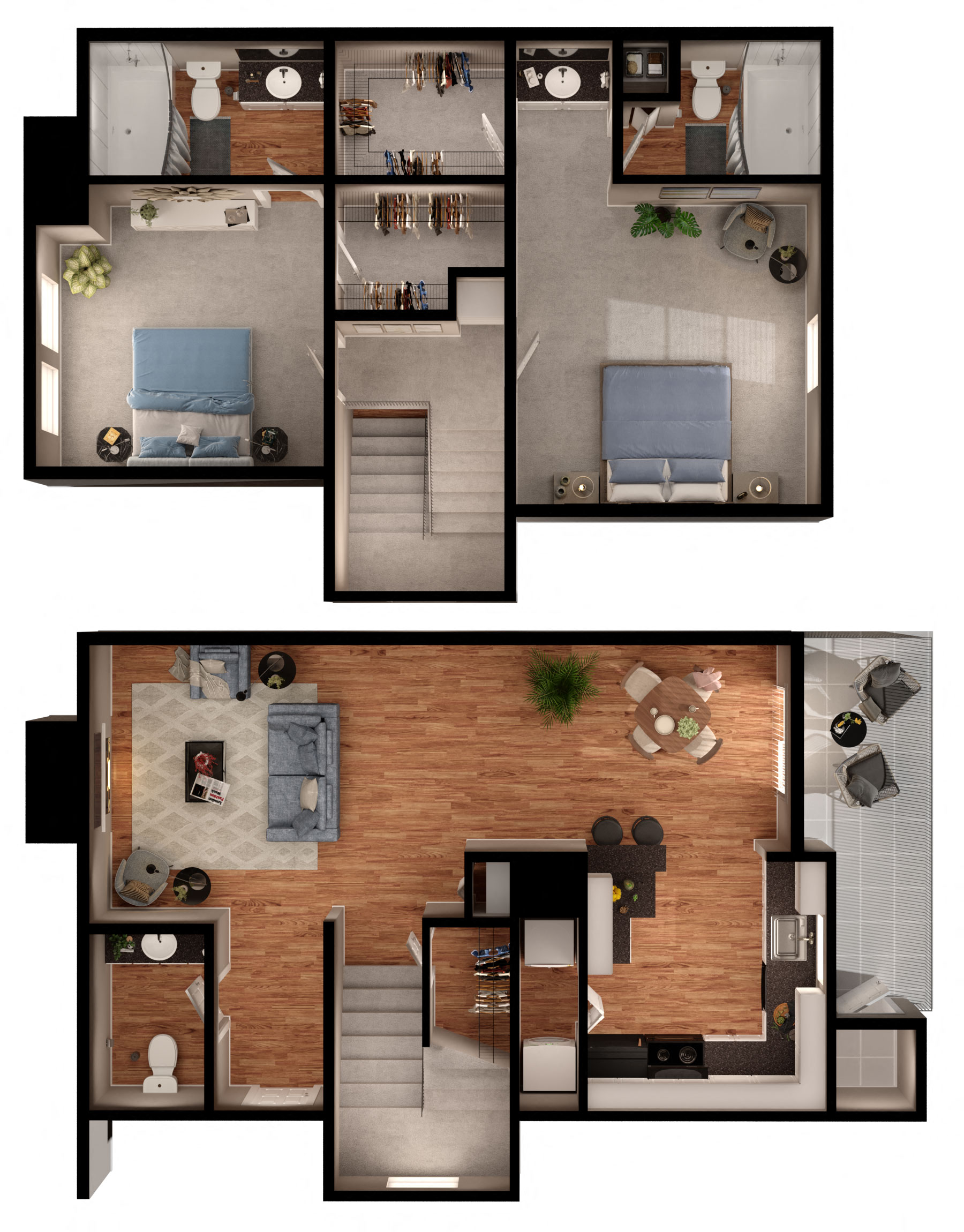 Floor plan for 2 beds, 2.5 baths, 1236 sqft